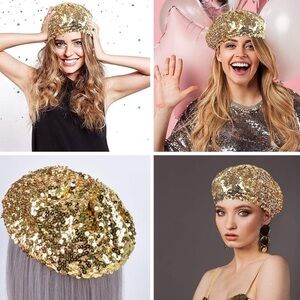 Gold Shiny Sequin Beret Hat for Women&Girls